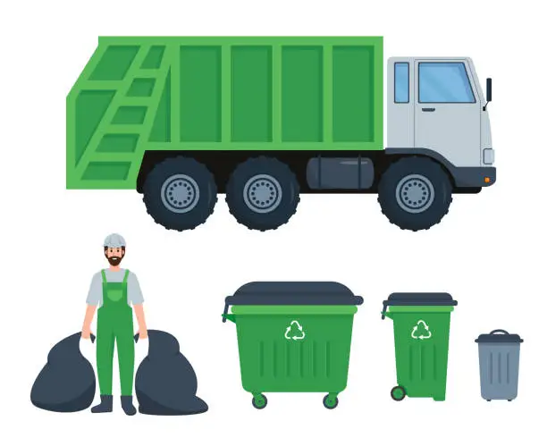 Vector illustration of Garbage collection, Waste recycling and transportation set.