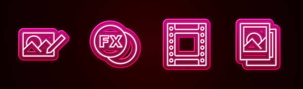 istock Set line Photo retouching, camera fx, Camera roll cartridge and frame. Glowing neon icon. Vector 1358118337