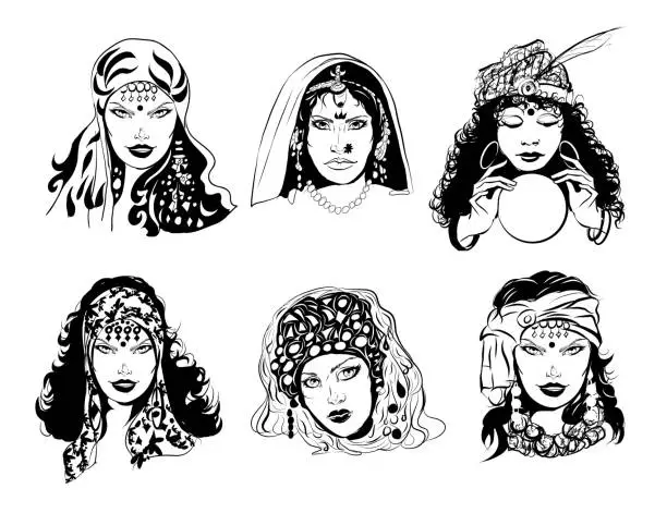 Vector illustration of Set of comic caricatures of gypsies women