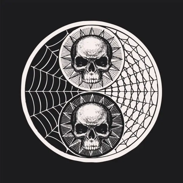 Vector illustration of yin-yang symbol with human skulls and cobwebs