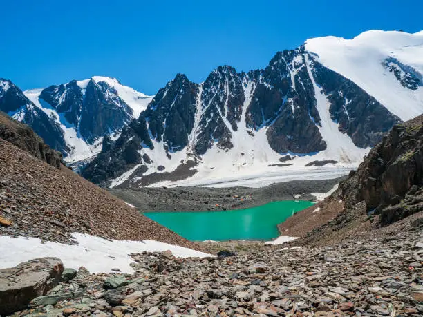 Photo of Amazing clear blue mountain lake in the Aktru Valley in Altai. Blue mountain lake on background of mountains. Atmospheric bright landscape with Blue lake in high mountain valley in highland glen.