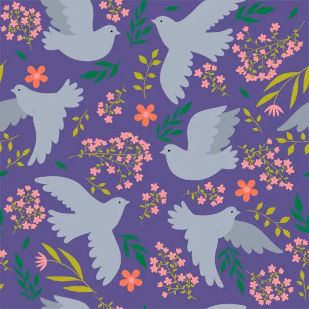 Vector illustration of Seamless pattern with flowers and doves. Vector graphics.