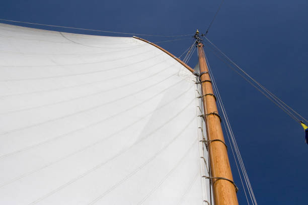 Wooden sailing mast with white sail against blue sky from below.