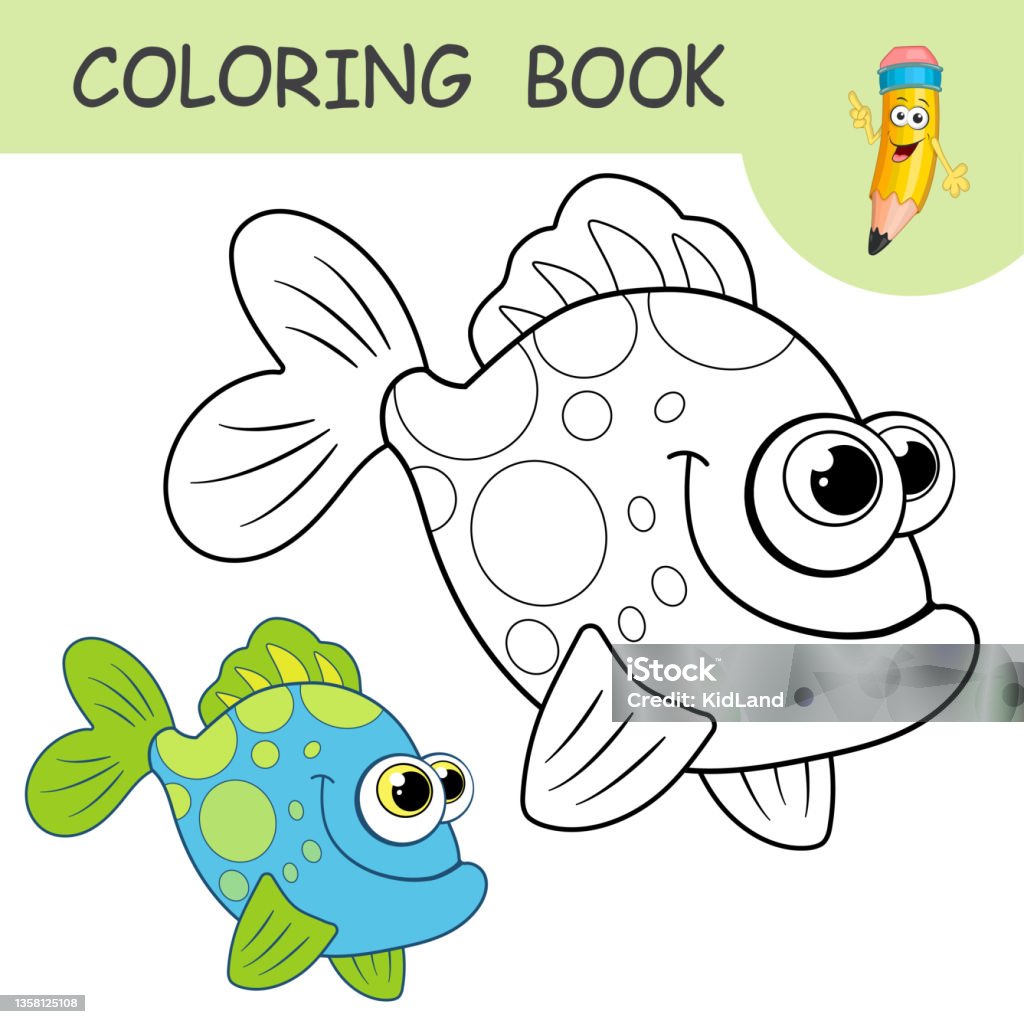 Ilustración de Libro Para Colorear Con Divertidos Peces Oceánicos Muestras  De Peces Marinos Incoloros Y De Color En La Página Para Colorear Para Niños  Diseño Para Colorear En Lindo Estilo De Dibujos