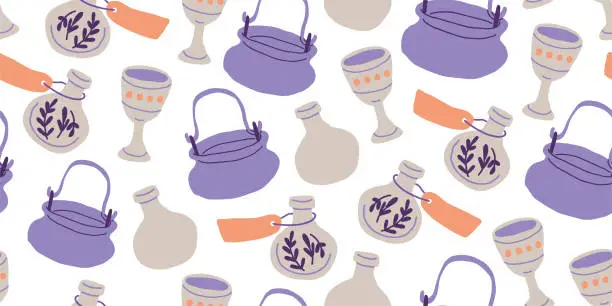 Vector illustration of Seamless vector pattern with hand drawn witch items. Cute Halloween theme texture. Magic autumn background for wrapping paper, print, card, gift, fabric, textile, wallpaper, packaging.