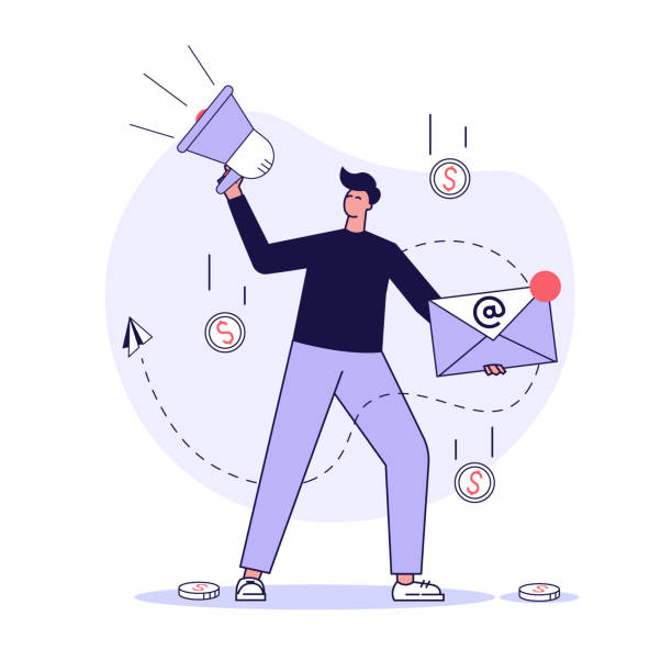istock Man shouting in megaphone. Business character announcing with loudspeaker. Direct marketing. Concept of promotion, e-mail marketing, pr, email campaign. Vector illustration in flat outline design 1358127209