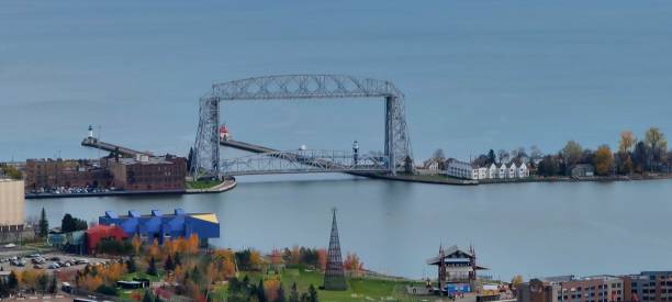 Aerial Lift Bridge Shown in Calm Waters stock photo
