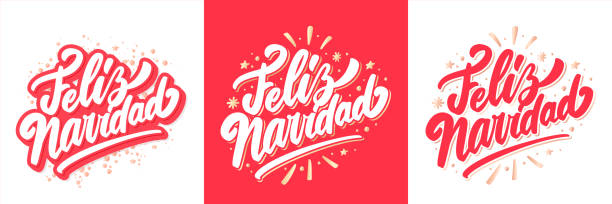merry christmas in spanish, feliz navidad. vector handwritten lettering set. - navidad 幅插畫檔、美工圖案、卡通及圖標