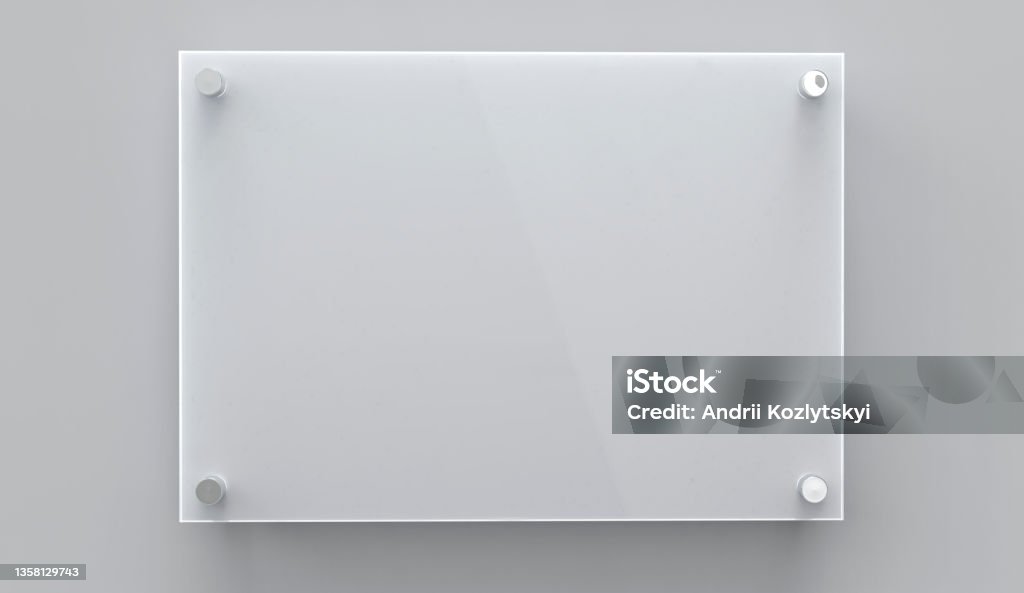 Blank A4 gray glass office corporate Signage plate Template, Clear Printing Board For Branding, Logo. Transparent acrylic advertising signboard mockup front view. 3D rendering A4 gray glass nameplate plate on spacer metal holders. Clear printing board for branding. Acrilic advertising signboard on gray background front view. Size 297 x 210 mm. 3D illustration Sign Stock Photo