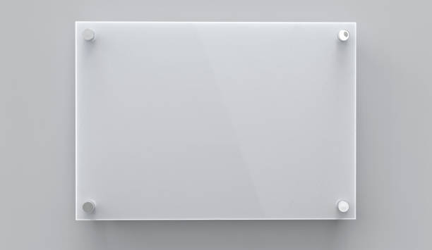 Blank A4 gray glass office corporate Signage plate Template, Clear Printing Board For Branding, Logo. Transparent acrylic advertising signboard mockup front view. 3D rendering A4 gray glass nameplate plate on spacer metal holders. Clear printing board for branding. Acrilic advertising signboard on gray background front view. Size 297 x 210 mm. 3D illustration acrylic glass stock pictures, royalty-free photos & images