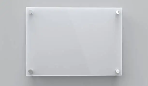 A4 gray glass nameplate plate on spacer metal holders. Clear printing board for branding. Acrilic advertising signboard on gray background front view. Size 297 x 210 mm. 3D illustration