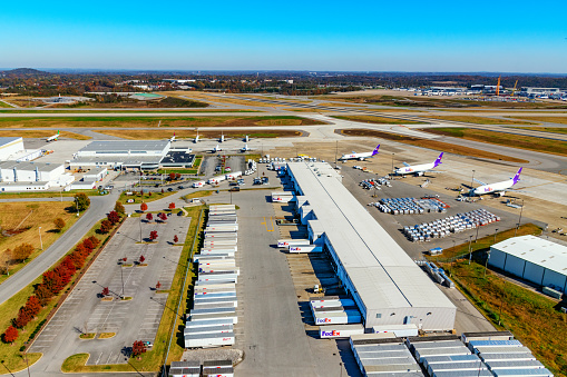 Nashville, United States - November 7, 2020:  Aerial view of the Fed Ex terminal located at the Nashville International Airport from an altitude of about 500 feet.