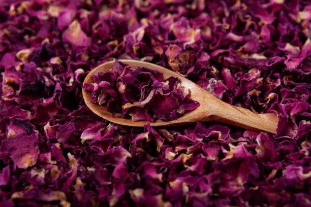 Photo of Dried rose petals in wooden spoon, close-up, Selective focus. Pure organic flowers and aromatic incense for herbal tea, creating natural sachets or perfume compositions