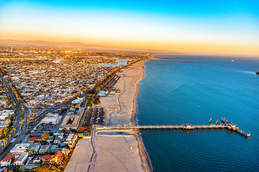 Aerial view of the Long Beach, California coastline including the Belmont Veterans Memorial Pier shot from about 1000 in altitude.
