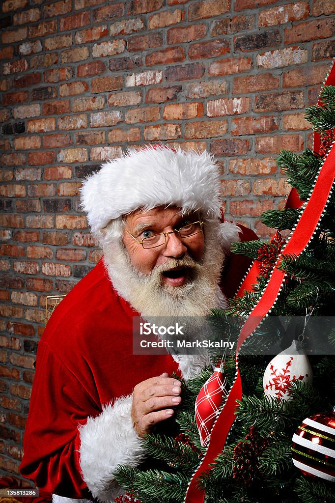 Santa Claus Surprised Santa Claus looking surprised as he is sneaking around the Christmas Tree with copy space above him. Active Seniors Stock Photo