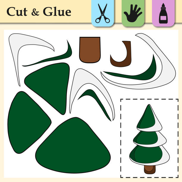 Paper game for kids. Create the applique cute Christmas Tree. Cut and glue. Winter symbol. Education and logic game. Difficult level. Worksheet activity perfect for scissor practice, motor, cutting. Paper game for kids. Create the applique cute Christmas Tree. Cut and glue. Winter symbol. Education and logic game. Difficult level. Worksheet activity perfect for scissor practice, motor, cutting the perfect game stock illustrations