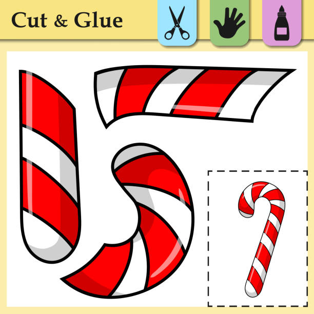 Paper game for kids. Create the applique cute Candy Cane. Cut and glue. Winter symbol. Education and logic game. Difficult level. Worksheet activity perfect for scissor practice, motor, cutting. Paper game for kids. Create the applique cute Evergreen Tree. Cut and glue. Winter symbol. Education and logic game. Difficult level. Worksheet activity perfect for scissor practice, motor, cutting the perfect game stock illustrations