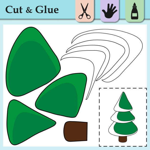 Paper game for kids. Create the applique cute Christmas Tree in snow. Cut and glue. Winter symbol. Education and logic game. Difficult level. Worksheet activity perfect for scissor practice, motor. Paper game for kids. Create the applique cute Christmas Tree in snow. Cut and glue. Winter symbol. Education and logic game. Difficult level. Worksheet activity perfect for scissor practice, motor the perfect game stock illustrations