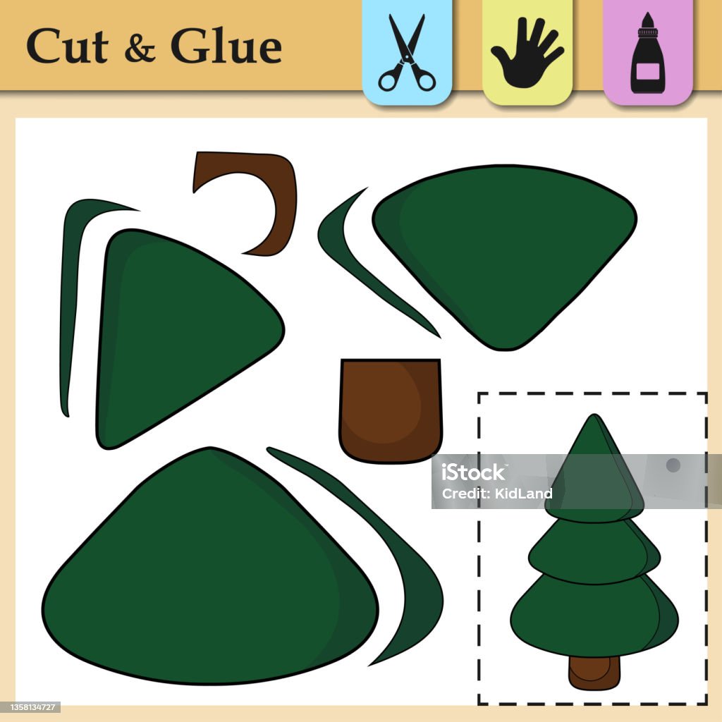 Jeu de papier pour les enfants. Créez l’applique mignonne Evergreen Tree. Couper et coller. Symbole de l’hiver. Jeu d’éducation et de logique. Niveau difficile. Activité de feuille de calcul parfaite pour la pratique des ciseaux, moteur, coupe. - clipart vectoriel de Apprentissage libre de droits