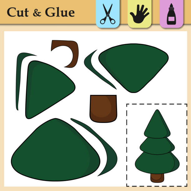 Paper game for kids. Create the applique cute Evergreen Tree. Cut and glue. Winter symbol. Education and logic game. Difficult level. Worksheet activity perfect for scissor practice, motor, cutting. Paper game for kids. Create the applique cute Evergreen Tree. Cut and glue. Winter symbol. Education and logic game. Difficult level. Worksheet activity perfect for scissor practice, motor, cutting the perfect game stock illustrations