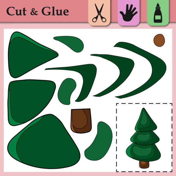 Paper game for kids. Create the applique cute New Year Tree. Cut and glue. Winter symbol. Education and logic game. Difficult level. Worksheet activity perfect for scissor practice, motor, cutting. Paper game for kids. Create the applique cute New Year Tree. Cut and glue. Winter symbol. Education and logic game. Difficult level. Worksheet activity perfect for scissor practice, motor, cutting the perfect game stock illustrations