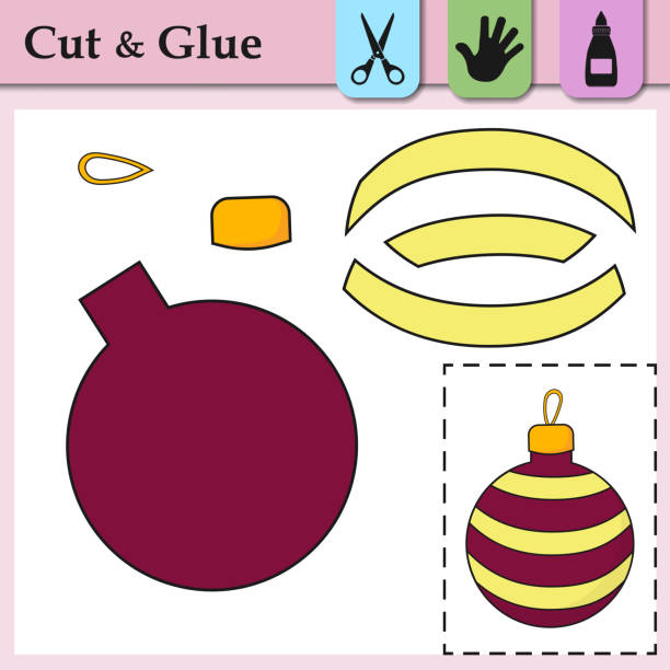 Paper game for kids. Create the applique cute New Year Ball. Cut and glue. Winter symbol. Education logic game for preschool kids. Worksheet activity perfect for scissor practice, motor, cutting. Paper game for kids. Create the applique cute New Year Ball. Cut and glue. Winter symbol. Education logic game for preschool kids. Worksheet activity perfect for scissor practice, motor, cutting the perfect game stock illustrations