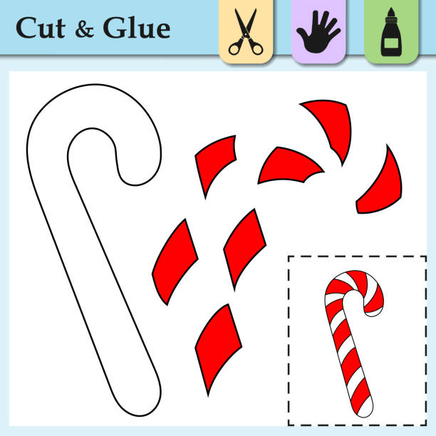 Paper game for kids. Create the applique cute striped lollipop. Cut and glue. Winter symbol. Education and logic game. Difficult level. Worksheet activity perfect for scissor practice, motor, cutting. Paper game for kids. Create the applique cute striped lollipop. Cut and glue. Winter symbol. Education and logic game. Difficult level. Worksheet activity perfect for scissor practice, motor, cutting the perfect game stock illustrations