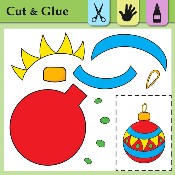 Paper game for kids. Create the applique cute New Year Ball. Cut and glue. Winter symbol. Education logic game for preschool kids. Worksheet activity perfect for scissor practice, motor,cutting skills Paper game for kids. Create the applique cute New Year Ball. Cut and glue. Winter symbol. Education logic game for preschool kids. Worksheet activity perfect for scissor practice, motor, cutting skill the perfect game stock illustrations