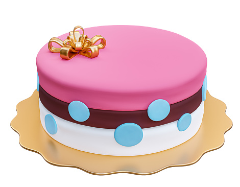 Three tiered birthday cake, isolated, white background. 3d rendering, 3d illustration.