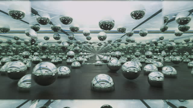 Infinite mirror room filled with spheres. Science-fiction theme. Visual loop.