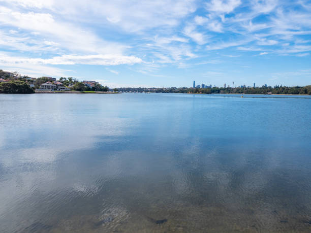 istock Parramatta River Blue Water and Iron Cove Bridge Background Blur 1358139911