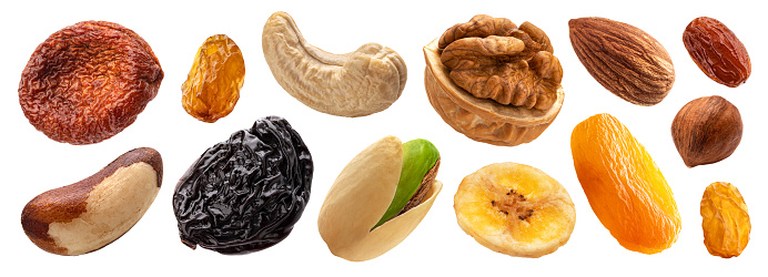 Collection of nuts and dried fruits isolated on white background with clipping path
