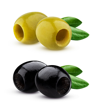 Black and green pitted olives isolated on white background with clipping path