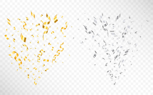 Confetti explosion set. Golden burst with glitter. Silver serpentine with decoration elements. Festive flying ribbon collection. Anniversary template on transparent backdrop. Vector illustration Confetti explosion set. Golden burst with glitter. Silver serpentine with decoration elements. Festive flying ribbon collection. Anniversary template on transparent backdrop. Vector illustration. confetti stock illustrations