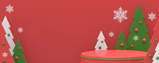 istock Product podium with Christmas trees and snowflakes 3D 1358143314