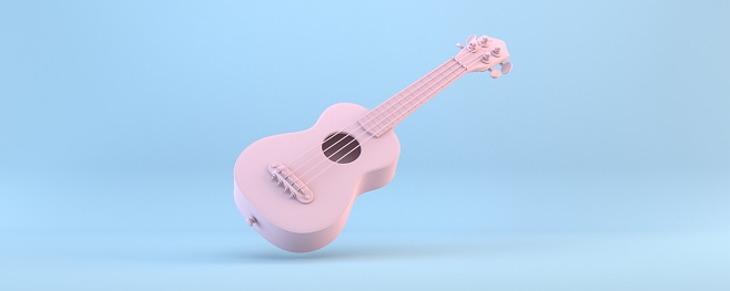 Pink ukulele 3D rendering illustration isolated on blue background