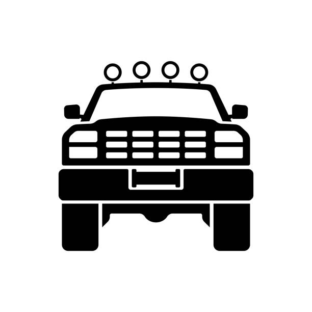 иконка внедорожника. вид спереди. черный силуэт. векторная плоская графическая иллюстрация. изолированный объект на белом фоне. изолироват - jeep 4x4 off road vehicle adventure stock illustrations