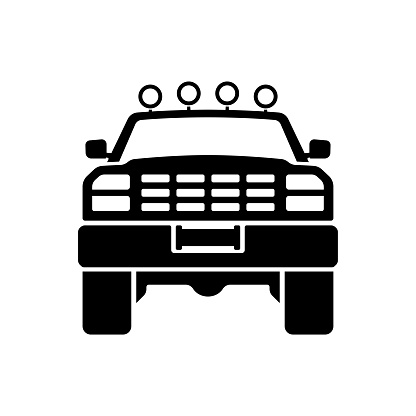 SUV icon. Front view. Black silhouette. Vector flat graphic illustration. The isolated object on a white background. Isolate.