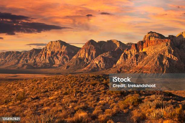 Nevada Desert Dawn With Dramatic Sky Stock Photo - Download Image Now - Las Vegas, Desert Area, Red Rock Canyon National Conservation Area