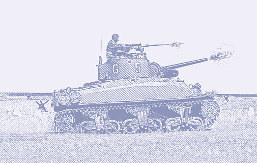 Vector illustration of a WWII M5 Stuart Tank firing canon on Omaha Beach