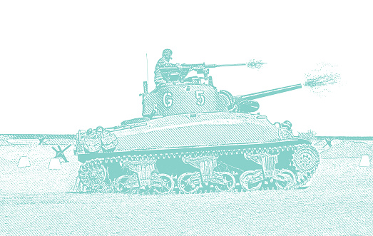 Vector illustration of a WWII M5 Stuart Tank firing canon on Omaha Beach