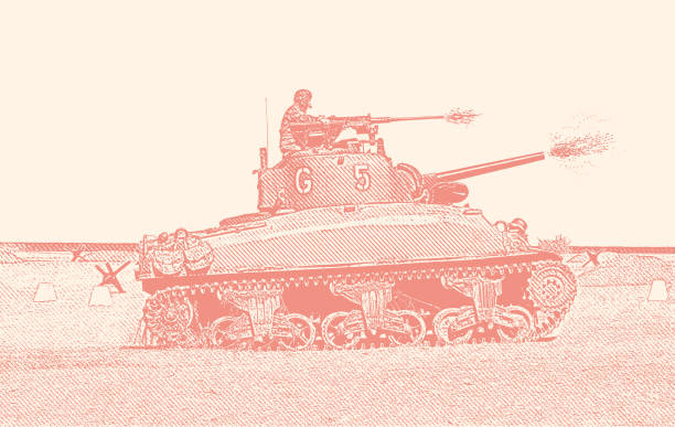 czołg m5 stuart z ii wojny światowej strzelający z armaty na plaży omaha - tank normandy world war ii utah beach stock illustrations