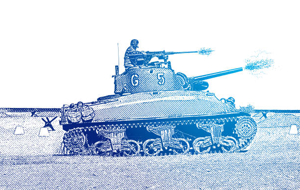 czołg m5 stuart z ii wojny światowej strzelający z armaty na plaży omaha - tank normandy world war ii utah beach stock illustrations