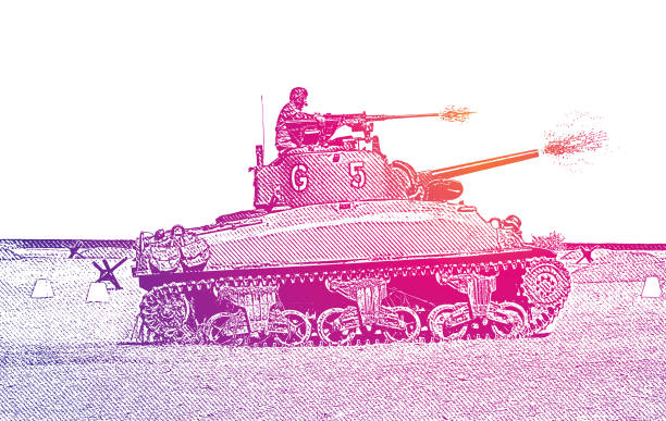 czołg m5 stuart z ii wojny światowej strzelający z armaty na plaży omaha - tank normandy world war ii utah beach stock illustrations