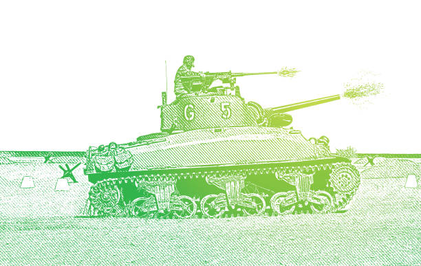 czołg m5 stuart z ii wojny światowej strzelający z armaty na plaży omaha - tank normandy world war ii utah beach stock illustrations