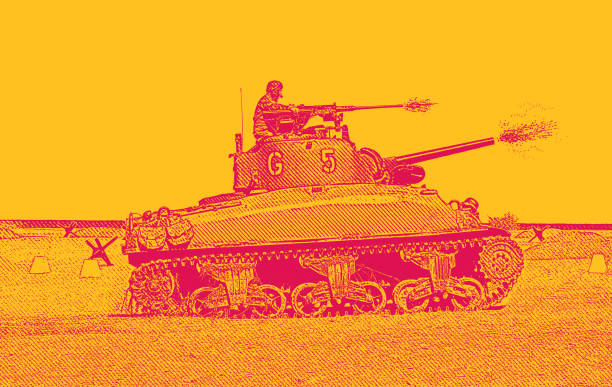 czołg m5 stuart z ii wojny światowej strzelający z armaty na plaży omaha - tank normandy world war ii utah beach stock illustrations