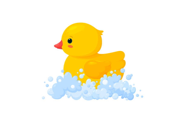 резиновая утка в мыле пены выделена на белом фоне. вид сбоку желтой пластиковой игрушки-утенка в уд. векторная иллюстрация - rubber duck stock illustrations