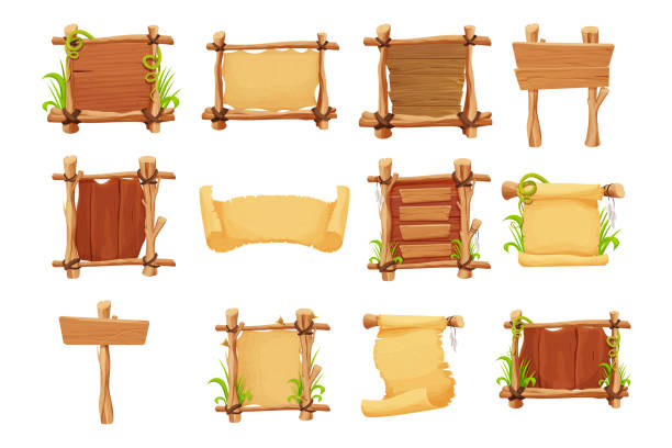istock Set Frames from sticks, wooden planks decorated with grass and liana, parchment in comic cartoon style isolated on white background. Border, jungle panel textured and detailed. Game asset, menu 1358154677