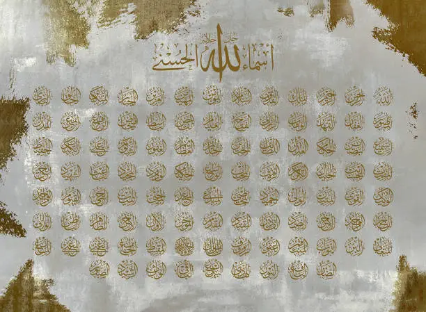 Islamic calligraphic Names of God Allah on old background