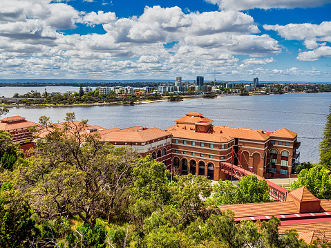 Perth, WA Australia - 10-22-2021 View of the Swan Brewery and Swan river in Perth City, Western Australia